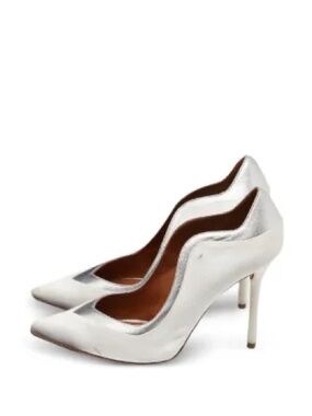 Malone Souliers White Pointed-Toe Wave-Edge Stiletto Pumps